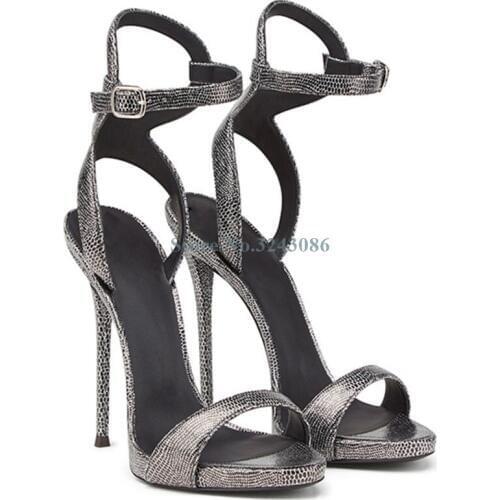 Grey Embossed Design Narrow Band Thin High Heel Sandals Single Strap Elegant Banquet Shoes Open Toe Ankle Strap Sexy Shoes