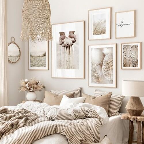 Nordic Beige Reed Grass Canvas Paintings Birds Mushroom Sand Wall Art Print Minimalist Nature Picture BedRoom Decoration