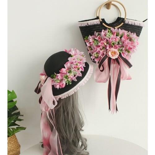 Summer Women Straw Beach Bag Handmade Flower larger capacity handBag Elegant Ladies ribbon lace Woven totes with Sun Hat