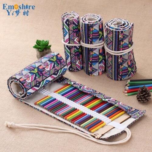 Handmade National Curtain Pencil Bag 36/48/72/108 Hole Student Roll Volume Art Painting Canvas Pencil Case Stationery Box B204