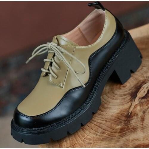 Womens genuine leather thick sole platform flats oxfords square toe casual female daily footwear mix color patchwork daily shoe