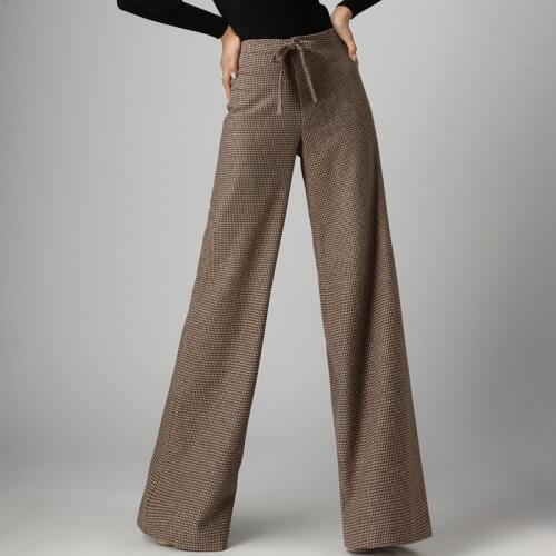 Unique Design Women 2018 Spring Autumn Wide Leg Pants Casual Woolen Trousers Houndstooth Straight Loose Long Pants High Waist OL