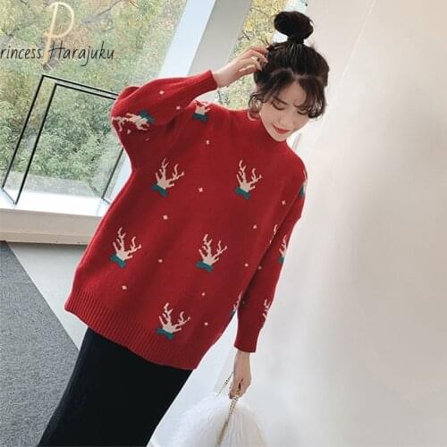 Vintage Christmas Fawn Print Pullover Sweater Plus Size Women Long Sleeve Couples Knitted Top Streetwear Hip Hop Pullover New