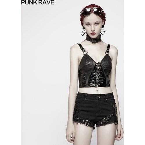 Punk Rave Women T-Shirt Punk Casual Sexy Strap Short Vest Pu Leather Lacing Zipper Streetwear Personality Tops for Women