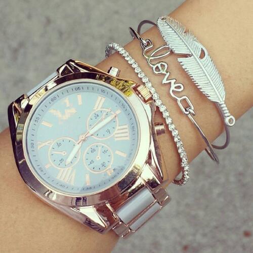 Bohemian Love Feather Bracelets & Bangles For Women Silver Color Crystal Cuff Charm Multilayer Bracelet Femme Party Gifts