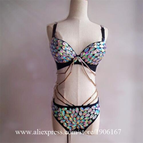 Ballroom Catwalk Bikini Sexy DS Costumes Sexy Lady Nightclub Bar Singer DJ Collar Dance Drill Underwear Set Pole Dance Clothing