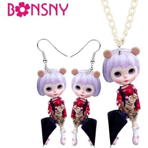 Bonsny Acrylic Jewelry Set Kawaii Cute Japanese Umbrella Girl Necklace Earrings Fashion Pendant For Women Teens Charm Gift NE+EA