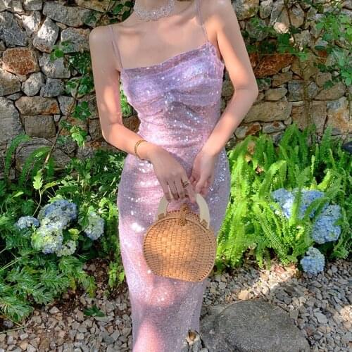 Dabourfeel French Sexy Sequins Backless Sling Shiny Dress Women Summer Midi Sheath Party Nightclub Purple Dress 2021 New