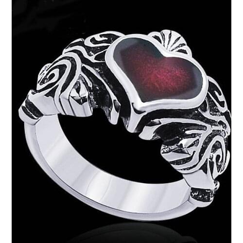 Ethnic style Stainless Steel Sculpture Pattern Ring Women Love Heart Crown Red Stone Wedding Ring Female Punk Style Jewelry