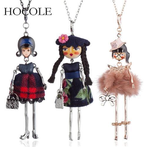 2018 Cute Fur Leather Dress Dancing Girl Pendant Necklace Long Hair Doll Long Chain Necklace For Women Statement Jewelry Bijoux
