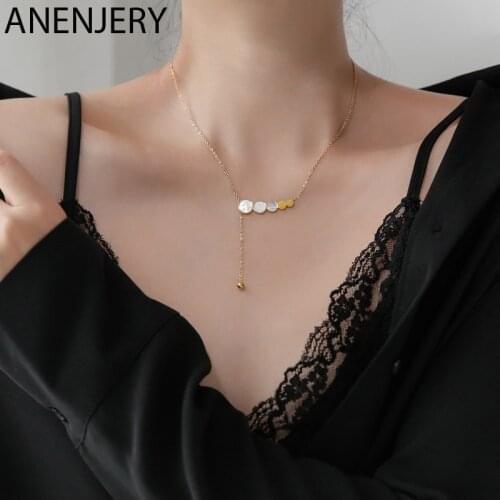 ANENJERY Dainty 925 Sterling Silver Five Circle Shell Pendant Necklace for Women Long Tassel Choker Necklace Jewelry S-N691