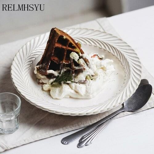 1PC RELMHSYU Nordic Style Retro Ceramic Round Steak Dessert Plate Coffee Water Mug Saucer Soup Noodle Noodle Bowl Home Tableware