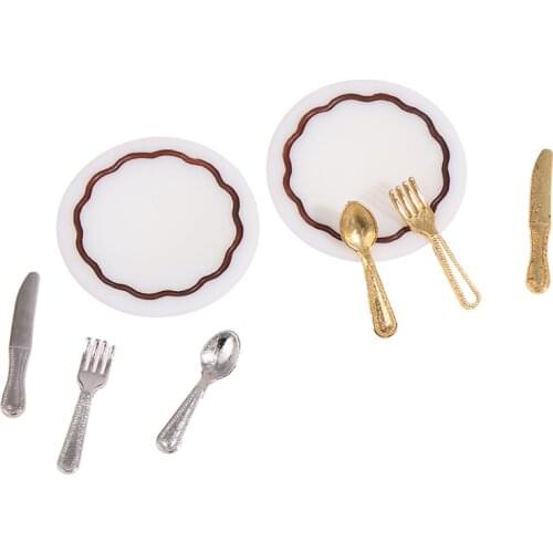 4Pcs Plate Knife Fork Spoon Tableware Kitchen Food Furniture Toys For 1:12 Dollhouse Miniature Accessories