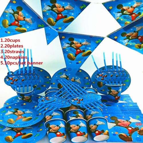 90pcs Mickye mouse banner cups napkins Cartoon Kids Boys Baby Birthday Tableware Party Supplies Party Decoration