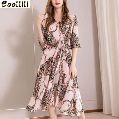 Boollili Real Silk Dress Women Korean Summer Dress Beach Dress Elegant Vintage Party Women Dress Print Vestidos Mujer