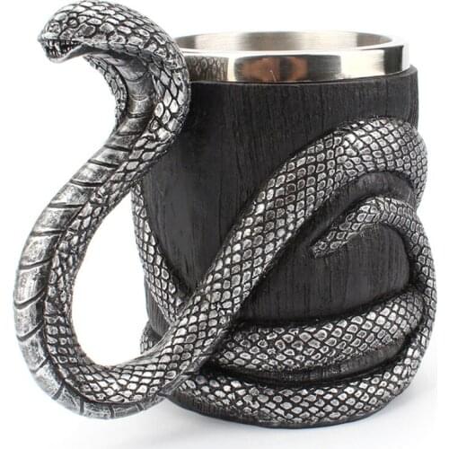 Silver Black Cobra Cup Stainless Steel Resin Double-layer Mug Creative Cups with Cobra Handle Table Decor Mugs Office Bar Home