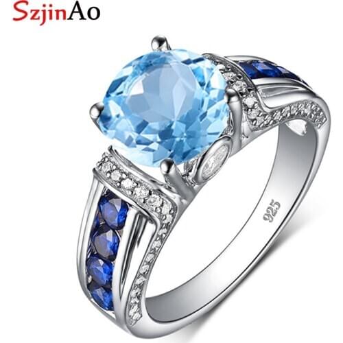 Szjinao sterling silver gem rings blue topaz S925 genuine gemstone jewelry Brand Round Vintage Sapphire Rings for Women Bijoux