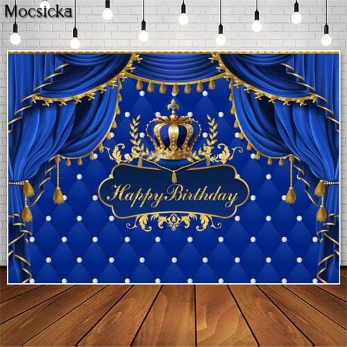 Royal Blue Baby Shower Birthday Backdrop for Crown Curtains Decoration Photographic Studio Photo Backgrounds Cake Table Poster