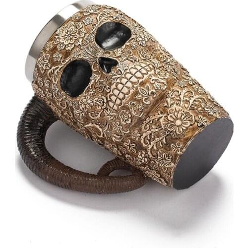 E56C Horned Warrior Skull Mug Lace Tooled Skull Realistic Horn Skull Beer Mug Tankard Steins for Coffee Wine Juice Skeleton