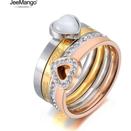 JeeMango Trendy Titanium Stainless Steel Fine Ring Jewelry White Heart Opals & Rhinestone Bridal Wedding Rings For Women JR19121