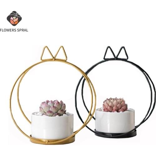 Fashion Style Ceramic Flowerpot Elegant Golden Iron Frame Succulent Planting Flowerpot Office Desktop Decoration Christmas Gift