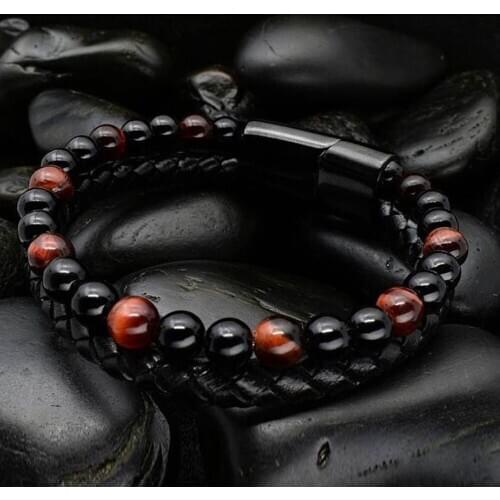 Fashion Mens Bracelet 6MM Natural Stone Leather Bracelet Black Stainless Steel Magnetic Buckle Tiger Eye Bracelet Mens Jewelry