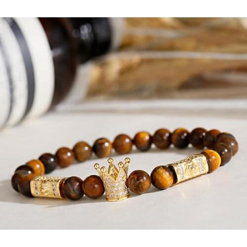 Mens Fashion Bracelet Natural Turquoises Beaded Gold Color Crown Shape Zircon Inlaid Spacer Bead Hand-Knitted Stretch Bracelet