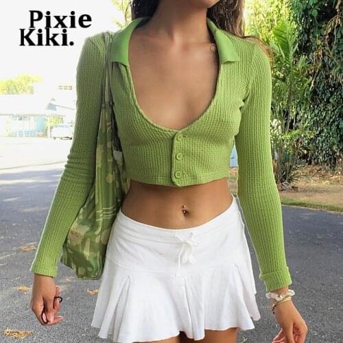 PixieKiki Sexy Green Knitted T Shirts Y2k Clothes Collared Button Up Low Cut Long Sleeve Crop Tops Women 2021 Fall P84-BF16