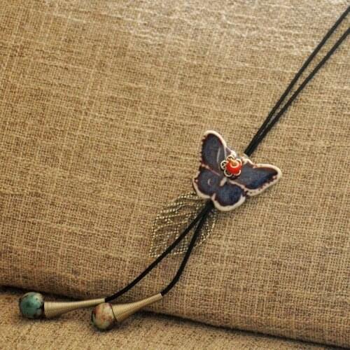SEA MEW Simple Necklace Butterfly Ceramic Long Necklace Handmade Adjustable Rope Sweater Necklace For Women