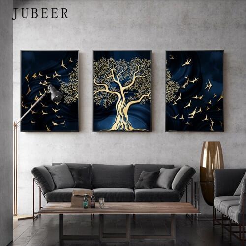 Nordic Style Black and White Canvas Painting Golden Tree Posters and Prints Bird Decorative Pictures for Living Room Home Decor