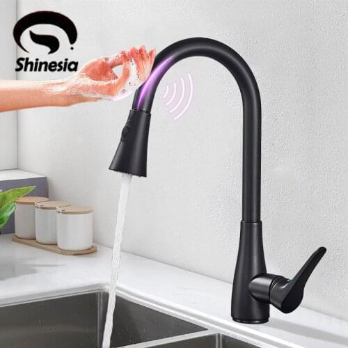 Shinesia Matte Black Sensor Kitchen Faucet Pull Out Spout Smart Touch Control Sensitive Hot and Cold Water Mixer Tap
