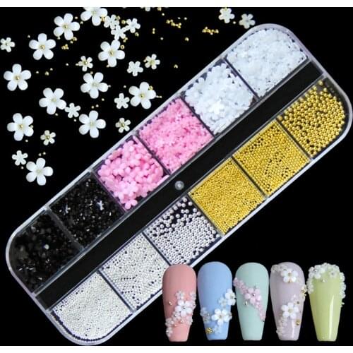 12 Grids 3D Flower Nail Art Decorations White Pink Black Charms Nail Jewelry Parts Stones Metal Beads Resin Accessoires Manicure