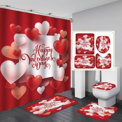 Valentines Day Bathroom Curtains Set Rose Shower Curtain Toilet Mat Cover Mat Bath Mat Set Romantic Red Heart Bathroom Decor