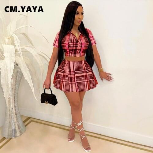 CM.YAYA Women Set Plaid Print Short Sleeve Zip Stand Collar Crop Tops Mini A-line Skirts Two 2 Piece Sets Fashion Outfits Summer