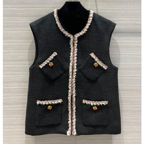 Designer high end 2021 spring women vintage pockets colorful buttons tweed vests celebrity o-neck weave trim patchwork vest S263