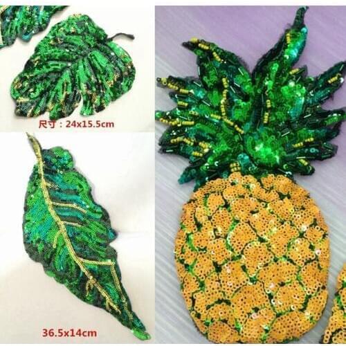 2pcs/lot Sew On Sequin Beaded Green Banana Leaf Patch Applique Patches For Clothing Dress Appliques Parches Bordados Ropa