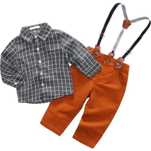 2pcs Baby Boy Clothes Spring Autumn Plaid Print Long Sleeve Shirt Tops Strap Pants Gentleman Baby Clothes Set 6M-3T