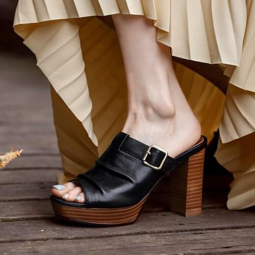 2021 Fashion Women Summer Platform Shoes Genuine Leather Woman Sandals Chunky Heels Ladies Mules Brown/Black High Heels Slipper