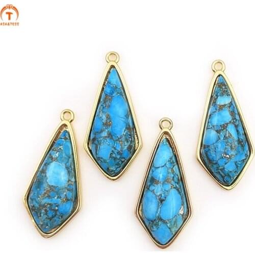 3pcs Natural Gold Plated Gemstone RhombusTurquoise Handmade Pendants Finding For Necklace Making For Women Special Gift