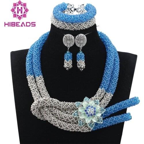 African Inspired Wedding Jewelry Set for Brides Teal Blue/Silver Indian Fashion Costume Jewelry 2017 Free Shipping WD950