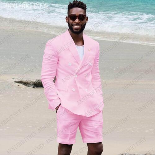 ANNIEBRITNEY 2019 New Elegant Pink Wedding Men Suit With Short Pants Business Terno Masculino Summer Beach Men linen Groom Suits