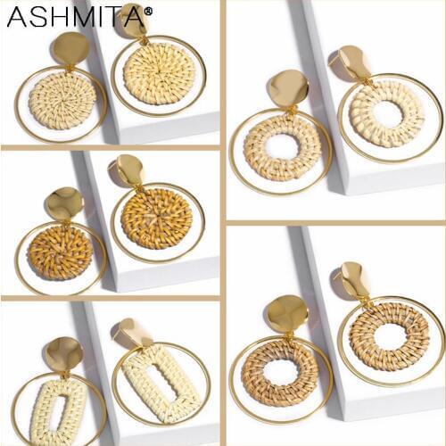 ASHMITA 2019 New Handmade Wooden Straw Weave Rattan Vine Braid Geometric Big Circle Square Long Drop Earrings For Women Girl