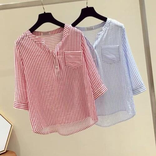 Plus Size Women Clothing 2021 Summer Korean Loose V-neck Shirt 3/4 Sleeve Vertical Striped Chiffon Blouse Ladies Top Blusas Y929