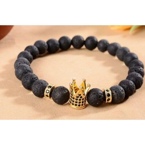 8mm uh5 Crown gold cz zircon cubic zirconia elastic adjusted black volcanic lava Bracelet Stone bead essential oils diffuser