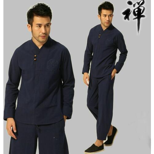 Buddhist Meditation Mens Traditional Chinese Kung Fu Sets Cotton Linen Blouse Elastic Waist Pants Loose tang suit dress for men