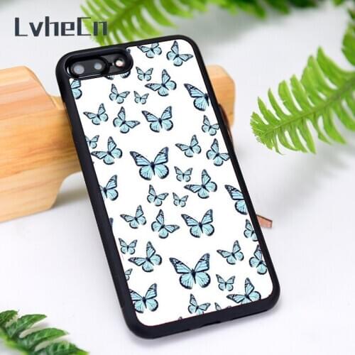 LvheCn Silicone Rubber Phone Case Cover for iPhone 6 6S 7 8 Plus X XS XR 11 12 Mini Pro Max butterfly blue and white print