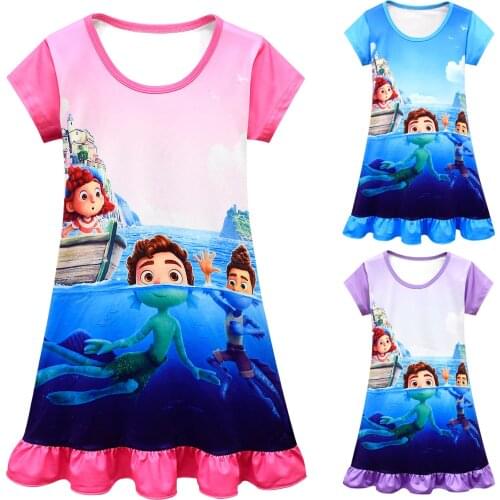 Luca Pixar Disney Pajama Dress Childrens Short-sleeved Dress with Ruffles Summer Alberto Sea Monster Cosplay Costumes Dresses