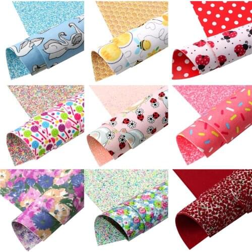 Double Sided Faux Leather Sheets and Fabric Floral Bee Candy Printed Shimmer Chunky Glitter Leather 20x33cm for DIY Earrings