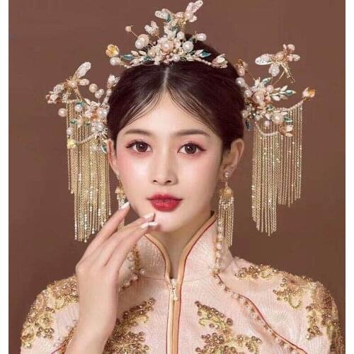 Headdress Chinese wedding golden tassel step phoenix crown atmosphere costume hair accessories wedding accessories