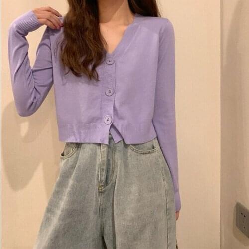 Spring Thin Cardigan For Women Knitted Sweater V-neck Long Sleeve Crop Tops Button Sweet Female Short Cardigans Women Clothing